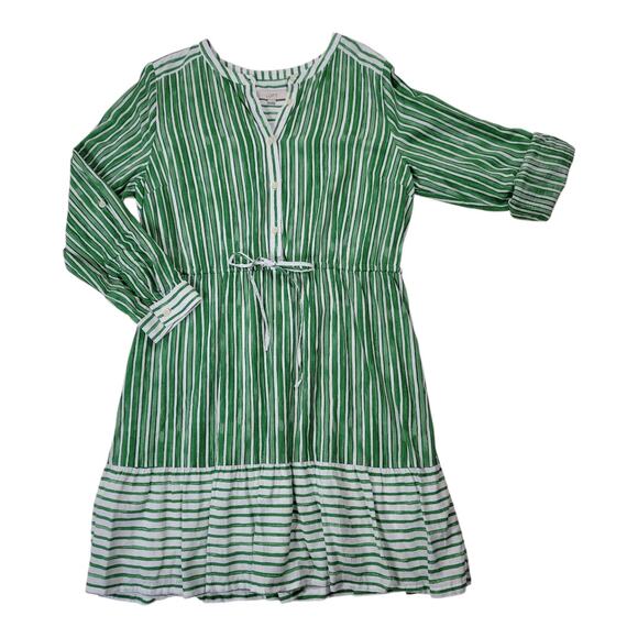 Loft Women's White Green Striped Tab Sleeve Button Flounce Dress - Picture 7 of 12